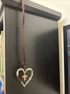 Rustic Heart Cross Wall Hanging Farmhouse Faith Decor Metal Leather